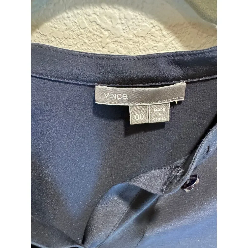 Vince 100% Silk Blouse Navy Blue Women's 00 Minimalist Office Career Long Sleeve - Picture 3 of 5